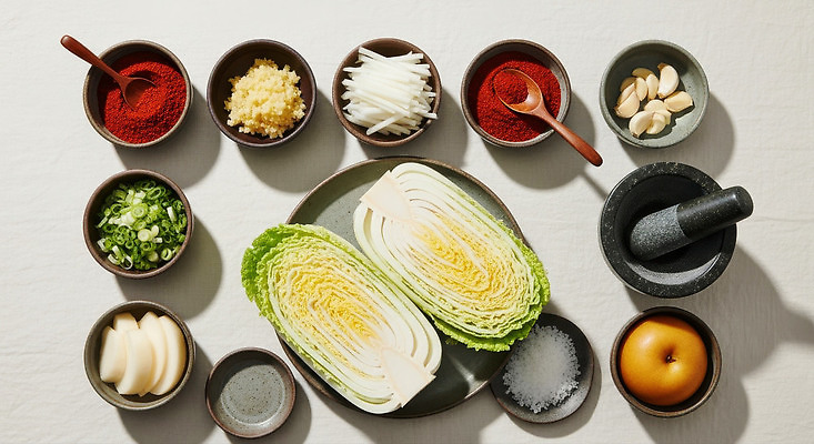 JPG 편집이미지 재료 김치 마늘 요리 주방 양념 무 배추 소금 정리 파 생강 고춧가루 식자재 편집실사 한식 채소 뿌리채소 가루 CG 파일형식