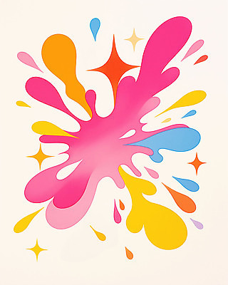 JPG 디자인 감정 예술 분홍색 컬러 백그라운드 일러스트 생명 파란색 반짝임 노란색 물감 표현 화려 조화 색채 창의력 키치 국내일러스트 AI일러스트 AI콘텐츠 컨셉 모션 미술도구 파일형식