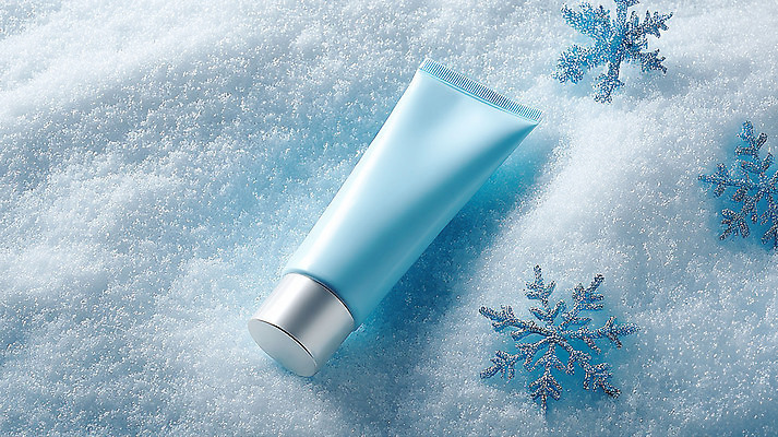 JPG 편집이미지 백그라운드 겨울 눈꽃 파란색 화장품 차가움 상품 화장대 스킨케어 보습 편집실사 AI컴퓨터그래픽 AI콘텐츠 계절 컬러 가구 눈_날씨 뷰티 CG 파일형식