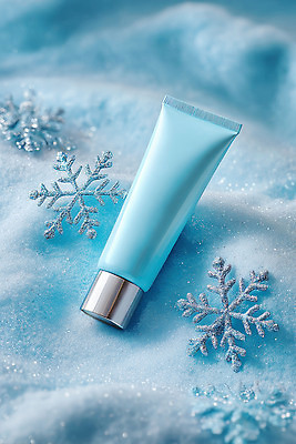JPG 편집이미지 백그라운드 겨울 장식 파란색 화장품 눈송이 차가움 시원함 크림 피부관리 튜브 스킨케어 뷰티풀 편집실사 AI컴퓨터그래픽 AI콘텐츠 계절 컬러 눈_날씨 뷰티 CG 파일형식