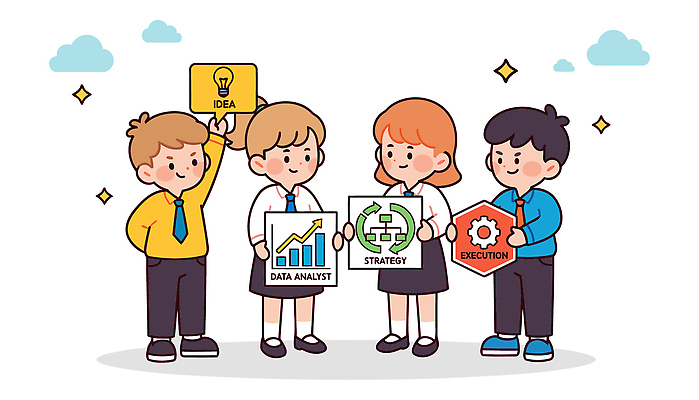 학생 일러스트 회의 그래프 협력 아이디어 협상 발표 조직 목표 계획 분석 진행 혁명 문제해결 실행 창의성 국내일러스트 AI파일 컨셉 비즈니스 파일형식 벡터