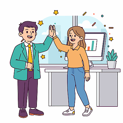 식물 일러스트 비즈니스 성공 회의 협력 아이디어 여러명 컴퓨터 사무실 기쁨 축하 작업 직장인 결과 동료 하이파이브 소통 친목 국내일러스트 AI파일 직업 감정 다수 컨셉 관계 사람 손짓 전자제품 파일형식 벡터