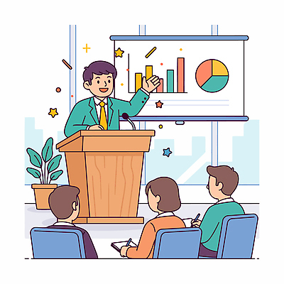 교육 일러스트 비즈니스 성공 회의 커뮤니케이션 그래프 직장 기술 설명 사무실 자료 스피커 정보 메모지 직장인 발표 결과 군중 프레젠테이션 서류판 국내일러스트 AI파일 직업 음향기기 컨셉 회사 모션 사람 사무용품 파일형식 벡터