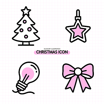 아이콘 디자인 별 리본 분홍색 크리스마스 겨울 전구 선물 장식 세트 크리스마스트리 축제 즐거움 꾸미기 2D아이콘 AI파일 자연요소 계절 기념일 감정 컬러 파일형식 벡터
