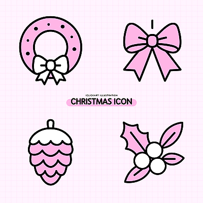 아이콘 디자인 계절 기념일 리본 분홍색 컨셉 크리스마스 선물 장식 축제 화환 솔방울 겨우살이 2D아이콘 AI파일 꽃 컬러 이벤트 파일형식 벡터
