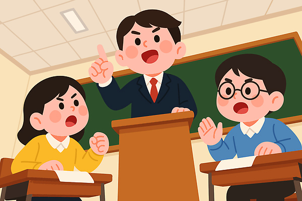 학생 교육 일러스트 교실 청소년 수업 커뮤니케이션 대화 학습 교사 교양 발표 토론 질문 집중 교탁 소통 참여 국내일러스트 AI파일 직업 컨셉 학교 말하기 사람 파일형식 벡터