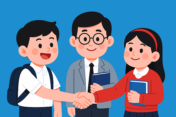 학생 교육 교복 어린이 일러스트 배낭 교실 학교 대화 웃음 책 친구 학습 만남 인사 토론 동료 소통 Friendship Handshake 국내일러스트 AI파일 옷 컨셉 가방 관계 표정 말하기 사람 예절 파일형식 벡터