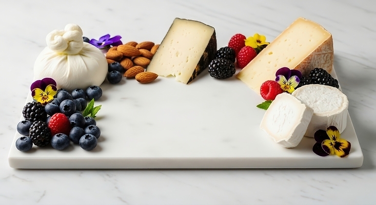 식물 음식 컬러 컨셉 과일 유제품 이벤트 견과류 CG 파일형식 치즈 디저트 쟁반 열매 아몬드 블루베리 블랙베리 산딸기 프레젠테이션 흰색 화려 편집실사 JPG 편집이미지 파티