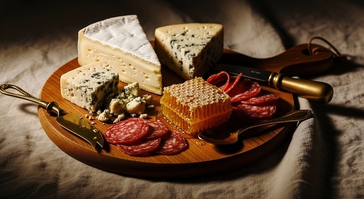 음식 컨셉 유제품 이벤트 식사 감각 상차림 CG 파일형식 치즈 살라미 꿀 저녁식사 고급 플레이팅 편안함 조명 안주 디저트 편집실사 JPG 편집이미지 파티