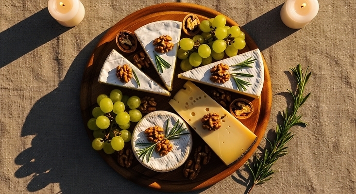 접시 계절 음식 컨셉 과일 유제품 이벤트 견과류 감각 야간 CG 파일형식 치즈 포도 호두 나무접시 저녁 여름 디저트 모임 편안함 신선 고급 준비 편집실사 JPG 편집이미지 파티