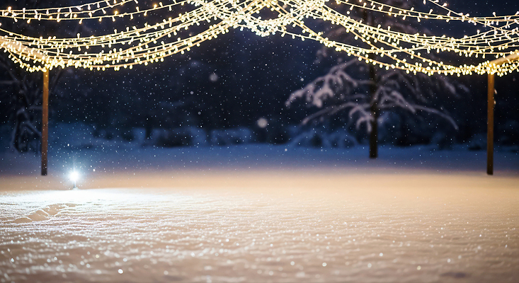 JPG 편집이미지 겨울 전구 자연 조명 따뜻함 풍경 정원 고요 분위기 감성 눈발 뷰티풀 알전구 이미지편집 AI컴퓨터그래픽 AI콘텐츠 계절 컨셉 눈_날씨 생태계 파일형식