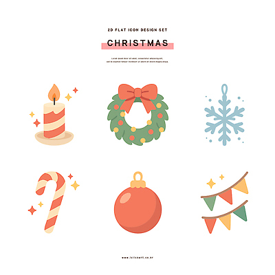 기념일 꽃 크리스마스장식 디저트 눈_날씨 이벤트 파일형식 벡터 크리스마스 디자인 장식 초 화환 눈송이 사탕 지팡이 오너먼트 깃발 세트 연말 축제 AI파일 일러스트 국내일러스트