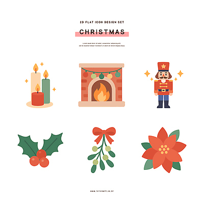 식물 직업 기념일 이벤트 파일형식 벡터 크리스마스 디자인 세트 초 벽난로 장군 겨우살이 꽃 장식 평면 계절 축제 AI파일 일러스트 국내일러스트