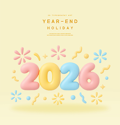 PSD 편집이미지 디자인 예술 컬러 기념 타이포그라피 장식 컬러풀 숫자 축제 휴일 파스텔 연말 스타일 2026년 편집3D 문자 학용품 3D 연도 파일형식