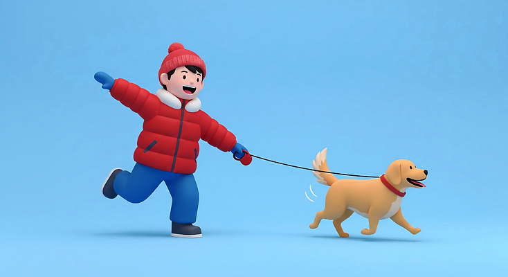 JPG 편집이미지 행복 어린이 겨울 모션 웃음 반려동물 귀여움 산책 조끼 강아지 즐거움 파란배경 순간 편집3D AI컴퓨터그래픽 AI콘텐츠 동물 계절 감정 백그라운드 컨셉 휴식 표정 사람 파란색 3D 외투 개 파일형식