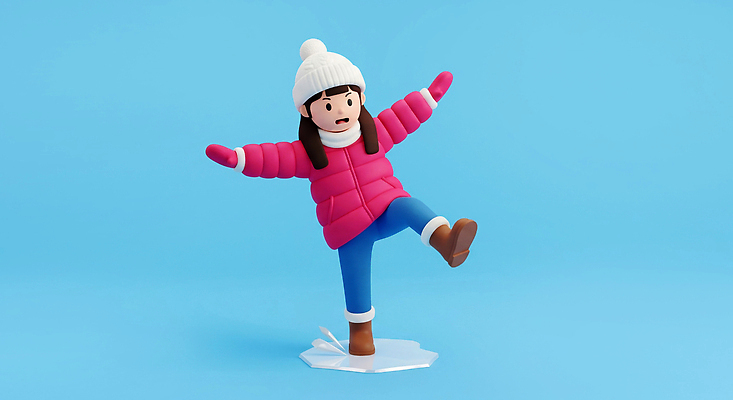 JPG 편집이미지 캐릭터 조각 신발 겨울 모션 상상 소녀 파란색 귀여움 얼음 균형 즐거움 패딩 좋음 편집3D AI컴퓨터그래픽 AI콘텐츠 자연요소 계절 여자 감정 어린이 컬러 컨셉 3D 점퍼 파일형식