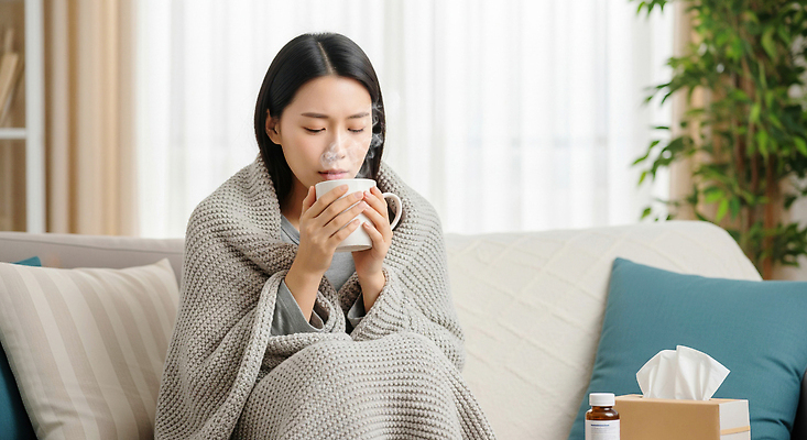 JPG 편집이미지 여자 휴식 실내 건강 일상 생활 소파 시간 분위기 수증기 편안함 담요 감기 몸살 의료성형뷰티 편집실사 AI인물포토 AI콘텐츠 컨셉 의자 사람 내부 라이프 감각 질병 CG 파일형식 AI포토