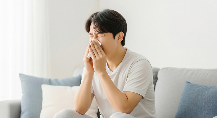 JPG 편집이미지 남자 실내 건강 생활 소파 방 고통 졸음 편안함 감기 괴로움 알레르기 몸살 반응 재채기 주거지 증상 의료성형뷰티 편집실사 AI인물포토 AI콘텐츠 감정 의자 사람 내부 감각 질병 CG 파일형식 AI포토