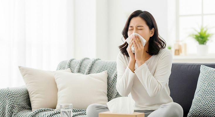 JPG 편집이미지 여자 표정 건강 생활 소파 방 화장지 편안함 감기 코 일과 몸살 증상 환기 의료성형뷰티 불편함 편집실사 AI인물포토 AI콘텐츠 의자 사람 신체부위 감각 질병 CG 파일형식 AI포토