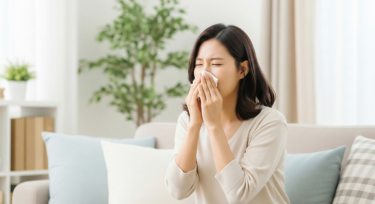 JPG 편집이미지 계절 여자 행복 감정 거실 집안 스트레스 건강 일상 치료 고통 화장지 편안함 감기 몸살 증상 의료성형뷰티 편집실사 AI인물포토 AI콘텐츠 의학 실내 사람 라이프 감각 질병 CG 파일형식 AI포토