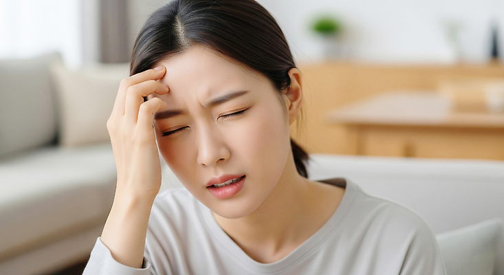 JPG 편집이미지 여자 감정 스트레스 실내 표정 건강 피곤 일상 머리 고통 감기 걱정 심리 몸살 의료성형뷰티 불편함 편집실사 AI인물포토 AI콘텐츠 컨셉 사람 내부 라이프 신체부위 감각 질병 CG 파일형식 AI포토