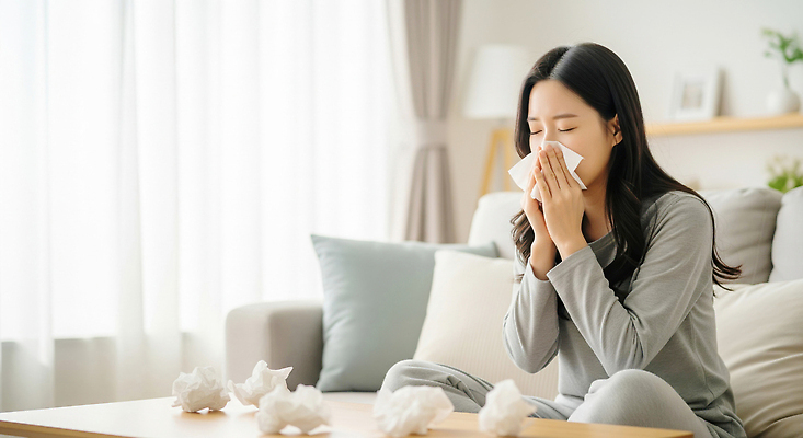 JPG 편집이미지 여자 휴식 주택 실내 건강 피곤 일상 소파 평화 고통 분위기 화장지 질병 감기 몸살 의료성형뷰티 편집실사 AI인물포토 AI콘텐츠 감정 컨셉 의자 의학 사람 내부 건물 라이프 CG 파일형식 AI포토