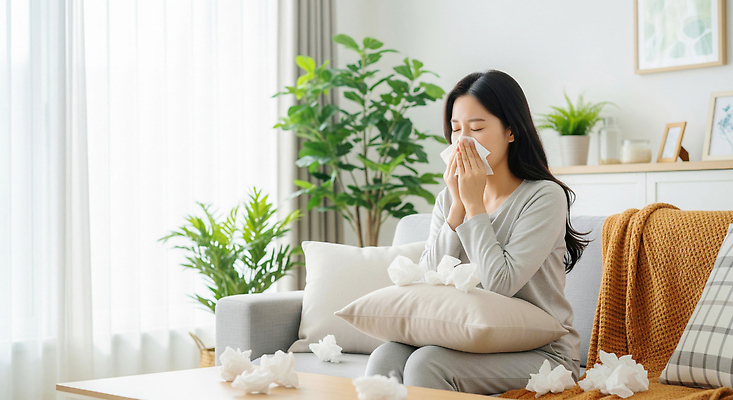 JPG 편집이미지 여자 집안 휴식 주택 일상 소파 방 고통 감기 기침 몸살 의료성형뷰티 불편함 편집실사 AI인물포토 AI콘텐츠 감정 컨셉 의자 실내 사람 건물 라이프 감각 질병 CG 파일형식 AI포토