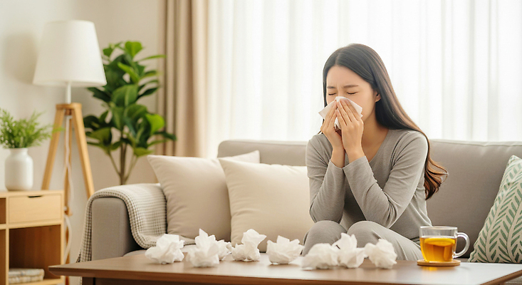 JPG 편집이미지 여자 거실 휴식 스트레스 주택 건강 일상 소파 고통 화장지 감기 몸살 증상 의료성형뷰티 쓰러짐 편집실사 AI인물포토 AI콘텐츠 감정 컨셉 의자 모션 사람 건물 라이프 질병 CG 파일형식 AI포토