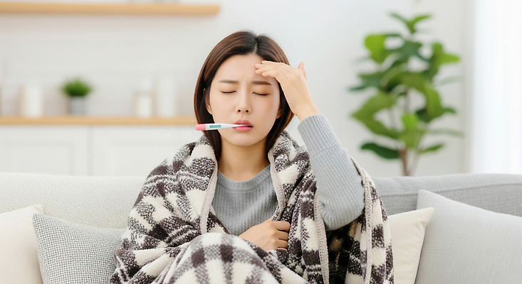 JPG 편집이미지 여자 휴식 주택 건강 치료 눕기 고통 체온계 편안함 담요 감기 곤란 몸살 의료성형뷰티 편집실사 AI인물포토 AI콘텐츠 감정 컨셉 의학 모션 사람 건물 감각 질병 온도계 CG 파일형식 AI포토