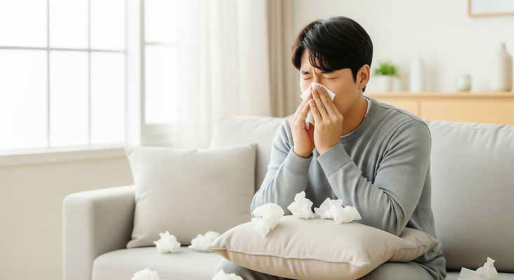 JPG 편집이미지 남자 피곤 일상 치료 소파 방 가운 화장지 감기 괴로움 수다 몸살 무기력 재채기 의료성형뷰티 불편함 편집실사 AI인물포토 AI콘텐츠 옷 감정 컨셉 의자 의학 대화 사람 라이프 감각 질병 CG 파일형식 AI포토
