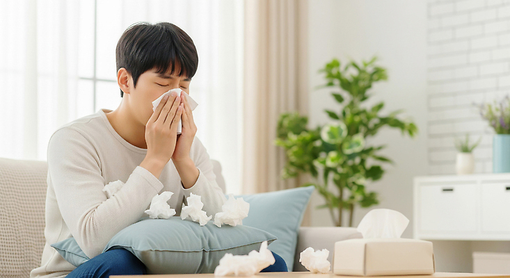 JPG 편집이미지 남자 휴식 스트레스 건강 병원 치료 소파 고통 얼룩 화장지 감기 눈물 기침 몸살 비염 의료성형뷰티 편집실사 AI인물포토 AI콘텐츠 감정 컨셉 의자 의학 사람 질병 CG 파일형식 AI포토