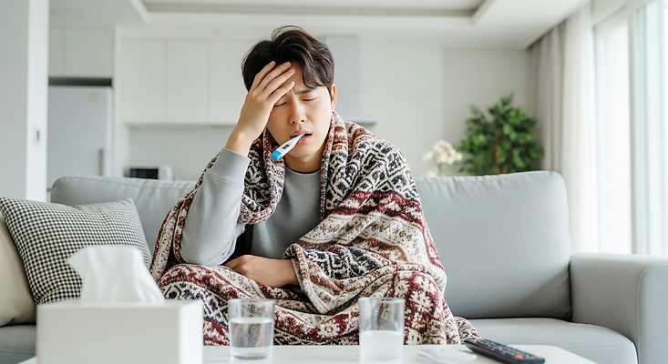 JPG 편집이미지 남자 감정 거실 주택 건강 소파 고통 시간 화장지 체온계 담요 감기 물컵 몸살 의료성형뷰티 불편함 편집실사 AI인물포토 AI콘텐츠 의자 사람 건물 컵 감각 질병 온도계 CG 파일형식 AI포토