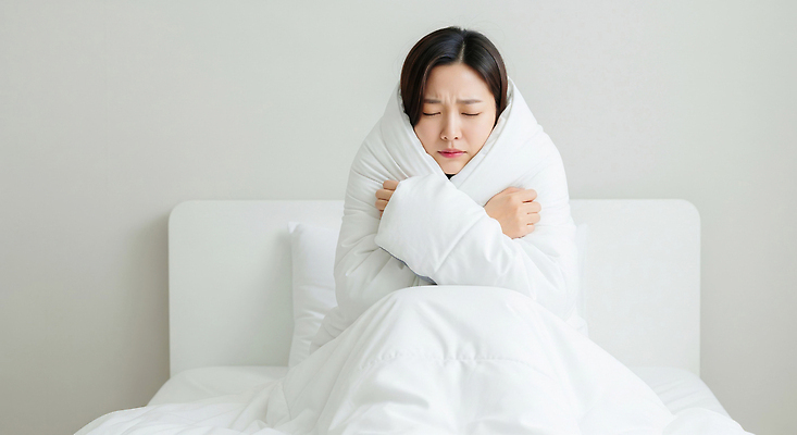 JPG 편집이미지 여자 겨울 날씨 휴식 주택 따뜻함 표정 이불 추위 침대 포근함 편안함 감기 감싸기 몸살 의료성형뷰티 편집실사 AI인물포토 AI콘텐츠 계절 가구 컨셉 침구 모션 사람 건물 감각 질병 CG 파일형식 AI포토