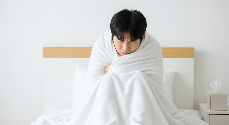 JPG 편집이미지 남자 감정 아침 주택 표정 방 추위 침대 분위기 담요 감기 감싸기 몸살 의료성형뷰티 불편함 편집실사 AI인물포토 AI콘텐츠 주간 가구 컨셉 모션 사람 건물 감각 질병 CG 파일형식 AI포토