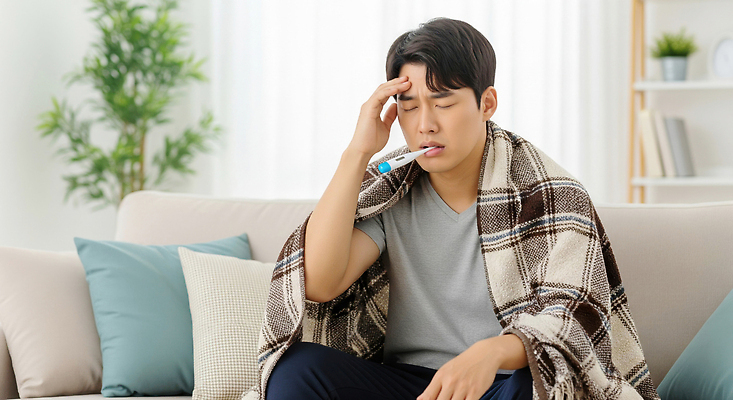 JPG 편집이미지 남자 거실 신체 휴식 주택 건강 치료 핸드폰 고통 뜨거움 체온계 편안함 담요 감기 몸살 증상 의료성형뷰티 편집실사 AI인물포토 AI콘텐츠 감정 컨셉 의학 사람 건물 전자제품 감각 질병 온도계 CG 파일형식 AI포토