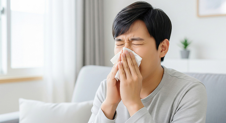 JPG 편집이미지 남자 겨울 집안 건강 생활 치료 소파 고통 감기 손수건 알레르기 몸살 재채기 코막힘 의료성형뷰티 불편함 편집실사 AI인물포토 AI콘텐츠 계절 감정 의자 의학 실내 사람 감각 질병 CG 증상 파일형식 AI포토