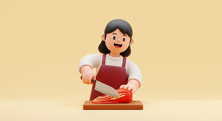 JPG 편집이미지 캐릭터 한식 음식 백그라운드 재료 김치 표정 밝음 요리 신선 칼 즐거움 김장 손질 나무도마 편집3D AI컴퓨터그래픽 AI콘텐츠 감정 도마 목재 3D 파일형식