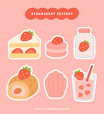 PSD 디자인 음료 분홍색 컬러 스티커 과일 일러스트 딸기 디저트 요리 케이크 그림 생크림 제빵 마카롱 롤케이크 간편조리식품 국내일러스트 음식 제과제빵 크림 파일형식