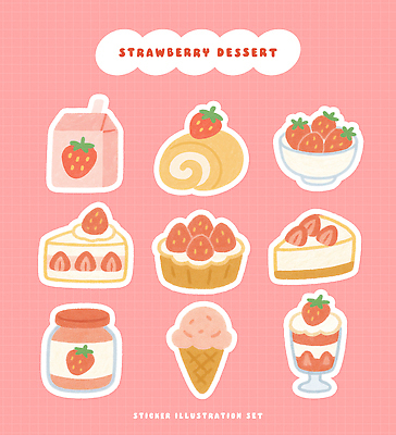 PSD 디자인 스티커 과일 일러스트 딸기 아이스크림 디저트 선물 컵 파티 귀여움 케이크 흰색 달콤 다과 요거트 롤케이크 맛있는 국내일러스트 식기 음식 컬러 컨셉 유제품 이벤트 맛 파일형식