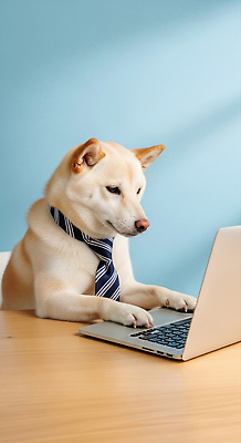 JPG 동물 편집이미지 하늘색 비즈니스 탁자 넥타이 실내 노트북 컴퓨터 사무실 귀여움 작업 개 강아지 집중 편집실사 AI포토 AI콘텐츠 잡화 가구 컨셉 포유류 내부 파란색 전자제품 반려동물 CG 파일형식
