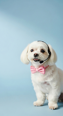 JPG 동물 편집이미지 행복 리본 하늘색 백그라운드 털 표정 웃음 반려동물 귀여움 헤드셋 흰색 강아지 편집실사 AI포토 AI콘텐츠 감정 컬러 음향기기 컨셉 파란색 헤드폰 개 CG 파일형식