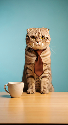 JPG 동물 편집이미지 캐릭터 안경 포즈 백그라운드 탁자 넥타이 풍경 사무실 갈색 귀여움 고양이 줄무늬 커피잔 편집실사 AI포토 AI콘텐츠 잡화 커피 컬러 가구 컨셉 무늬 비즈니스 포유류 잔 반려동물 CG 파일형식