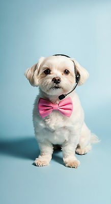 JPG 동물 편집이미지 감정 분홍색 백그라운드 통신 넥타이 앉기 파란색 반려동물 귀여움 촬영 헤드셋 개 강아지 편집실사 AI포토 AI콘텐츠 잡화 컬러 음향기기 컨셉 포유류 모션 헤드폰 CG 파일형식