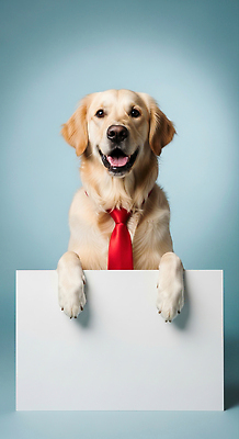 JPG 동물 편집이미지 행복 포즈 표정 웃음 반려동물 귀여움 표지판 골든리트리버 강아지 파란배경 밝은색 편집실사 AI포토 AI콘텐츠 감정 백그라운드 컨셉 알림판 파란색 개 리트리버 CG 파일형식