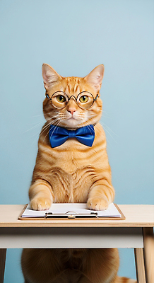 JPG 동물 편집이미지 안경 나비넥타이 털 일상 파란색 귀여움 고양이 집중 책상 즐거움 생동감 편집실사 AI포토 AI콘텐츠 잡화 감정 컬러 가구 컨셉 포유류 넥타이 라이프 반려동물 CG 파일형식