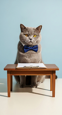 JPG 동물 편집이미지 패션 넥타이 표정 장식 파란색 반려동물 사무실 귀여움 고양이 회색 책상 오브젝트 편집실사 AI포토 AI콘텐츠 잡화 컬러 가구 컨셉 비즈니스 포유류 CG 파일형식