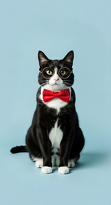 JPG 동물 편집이미지 안경 포즈 털 장식 카메라 귀여움 검은색 고양이 흰색 파란배경 초상화 편집실사 AI포토 AI콘텐츠 잡화 컬러 백그라운드 컨셉 포유류 파란색 전자제품 반려동물 CG 그림 파일형식