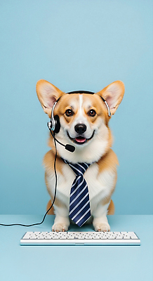 JPG 동물 편집이미지 정장 반려동물 사무실 귀여움 헤드셋 키보드 사무원 강아지 파란배경 웰시코기 편집실사 AI포토 AI콘텐츠 직업 옷 음향기기 백그라운드 컨셉 비즈니스 파란색 헤드폰 개 CG 파일형식