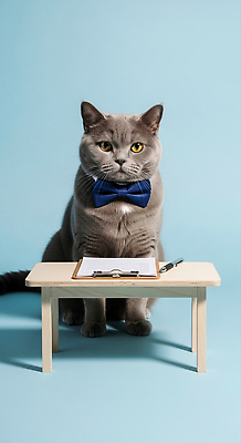 JPG 동물 편집이미지 포즈 백그라운드 넥타이 장식 파란색 사무실 펜 귀여움 고양이 회색 메모지 작음 책상 편집실사 AI포토 AI콘텐츠 잡화 컬러 가구 컨셉 비즈니스 포유류 반려동물 필기구 사무용품 크기 CG 파일형식