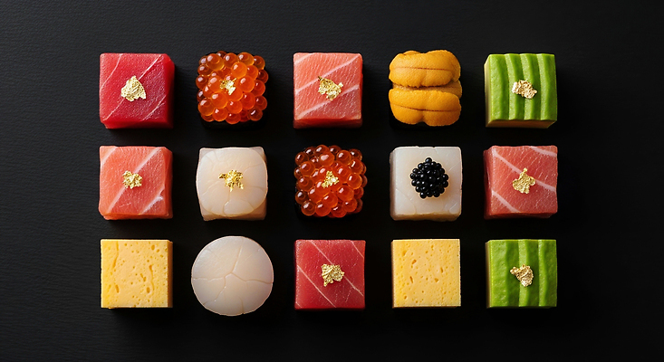 JPG 편집이미지 접시 예술 음식 컬러 식탁 디저트 요리 장식 식사 초밥 해산물 일본음식 편집실사 AI포토 AI콘텐츠 식기 탁자 CG 파일형식